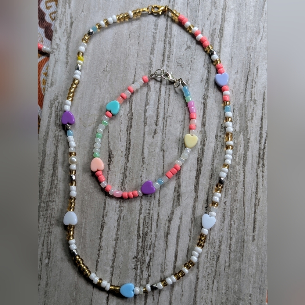 Colorful Valentine's Day Beaded Necklace And Matching Bracelet